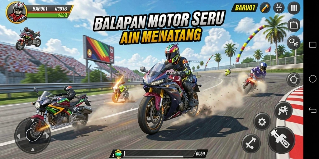 Tampilan gameplay seru dalam balapan motor BARU01.