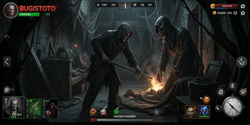 Screenshot menampilkan aksi menegangkan di dalam game BUGISTOTO dengan suasana horor yang mencekam.