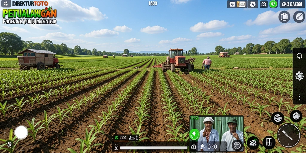 Screenshot gameplay DIREKTURTOTO yang menunjukkan pertanian yang subur.