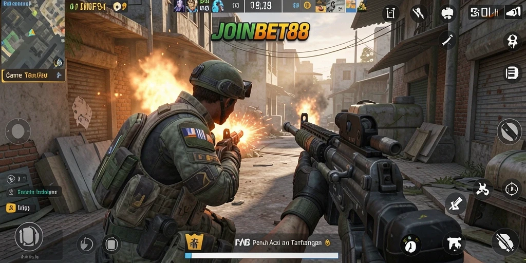 Tangkapan layar gameplay <strong>JOINBET88</strong> menampilkan aksi menembak yang intens dan mendebarkan.