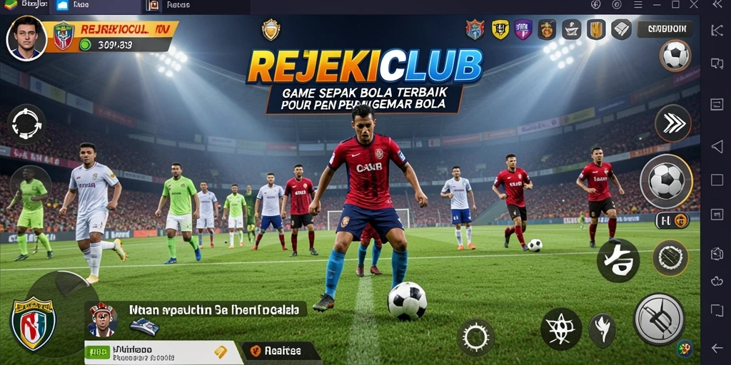 Screenshot utama REJEKICLUB menampilkan aksi sepak bola yang mendebarkan.