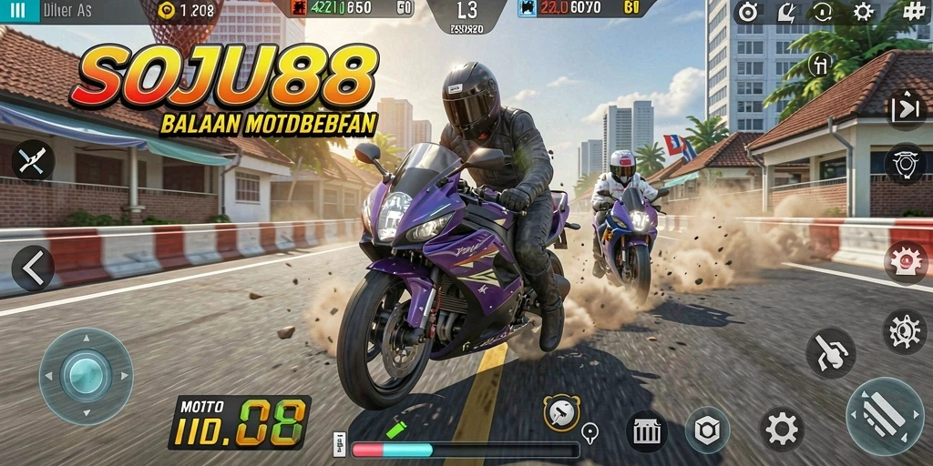 Tampilan gameplay balapan motor yang menegangkan di SOJU88.